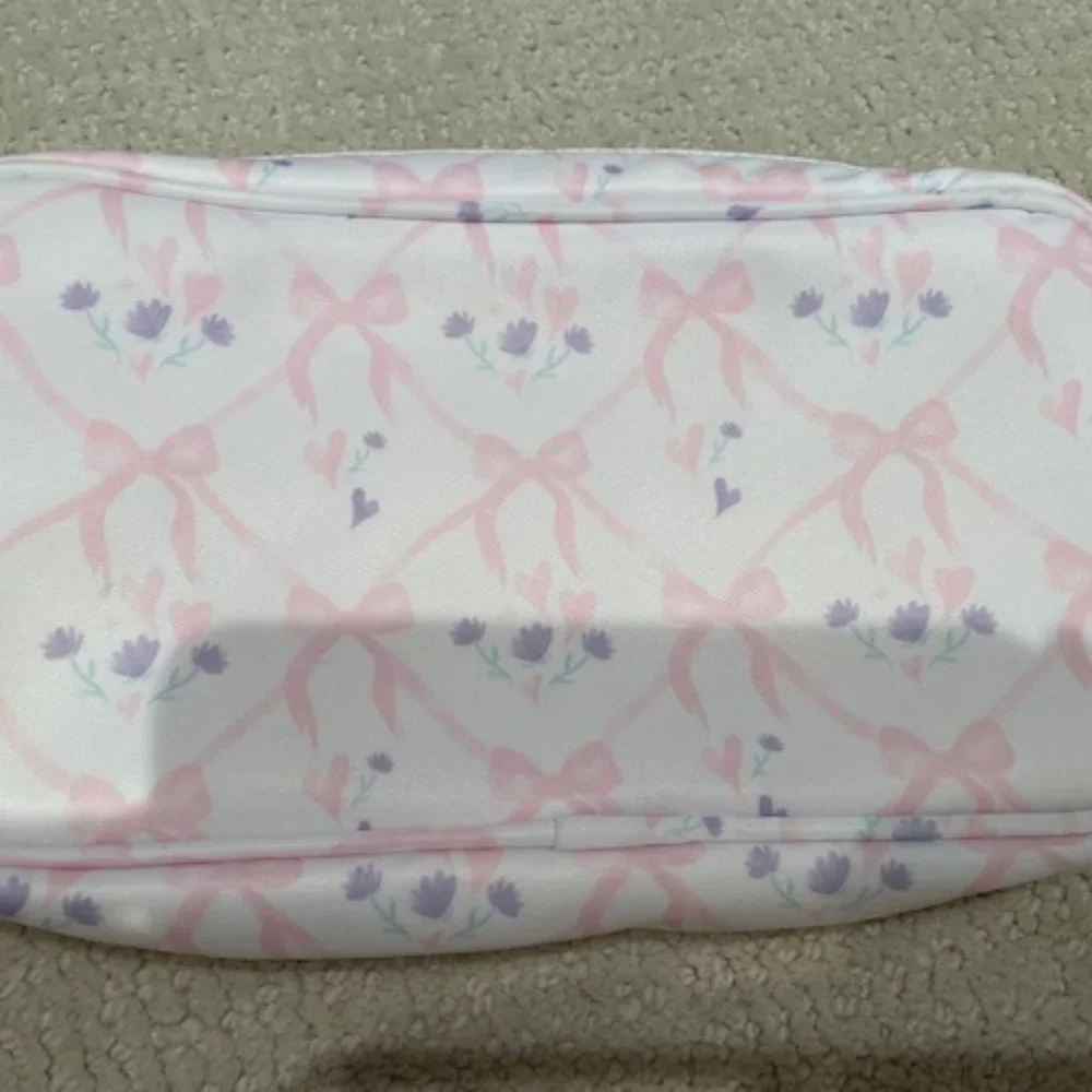 Stoney Clover Lane White Cosmetic Pouch with Pink Bow & Lavender Floral Print